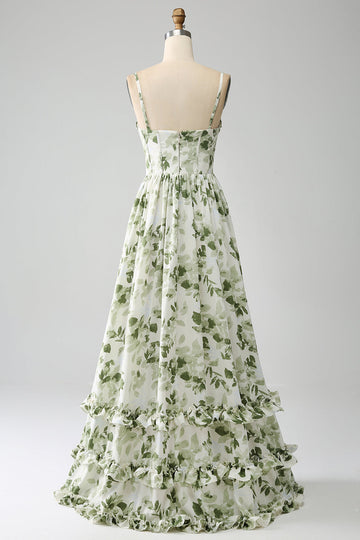 Verde A-Line Spaghetti Straps stampato plissettato abito lungo prom con fessura